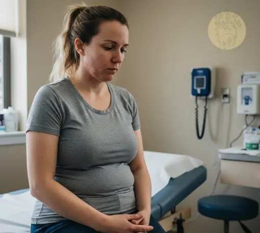 Woman in her late 30s showing common PCOS symptoms including hormonal acne along the jawline and weight gain around the midsection during a consultation at a functional medicine clinic in Philadelphia, PA, USA