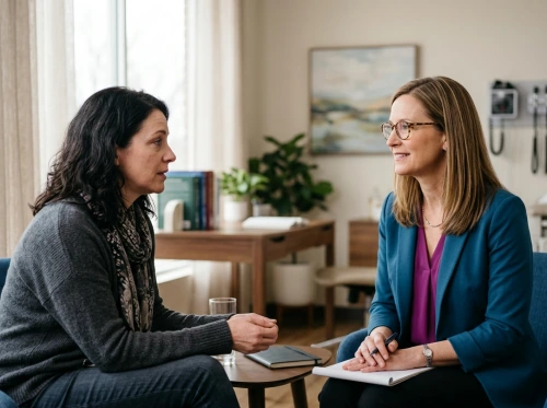 Woman discussing DHEA and hormonal health options with female healthcare provider in clinic consultation