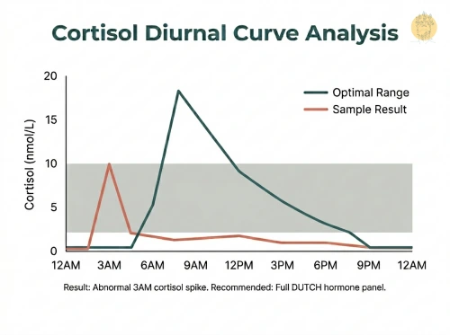 Cortisol diurnal curve chart showing healthy morning peak versus abnormal 3AM spike pattern with DUTCH test recommendation