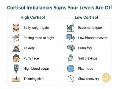Cortisol imbalance infographic showing six symptoms of high cortisol and six symptoms of low cortisol including fatigue, anxiety and brain fog