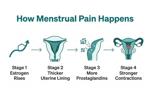 Diagram showing how estrogen thickens the uterine lining, raising prostaglandins and causing stronger contractions and period pain