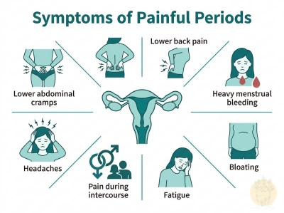 Dysmenorrhea symptom infographic showing painful period signs including cramps, heavy bleeding, lower back pain and fatigue.
