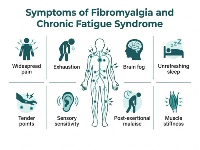 Infographic showing eight symptoms of fibromyalgia and chronic fatigue syndrome