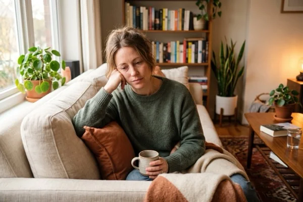 Woman experiencing fatigue and exhaustion at home, a common symptom of fibromyalgia and chronic fatigue syndrome