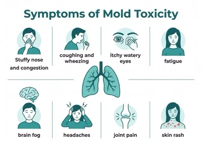 Infographic of mold toxicity symptoms including congestion, coughing, itchy eyes, fatigue, brain fog and headaches