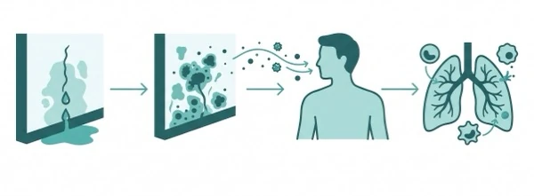 Diagram showing how water damage leads to mold growth, airborne spores and an immune response