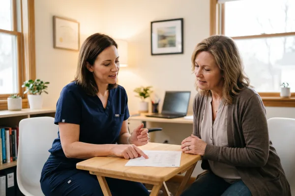 Nurse practitioner reviewing hormone lab results with a woman in her 50s in a calm clinic office