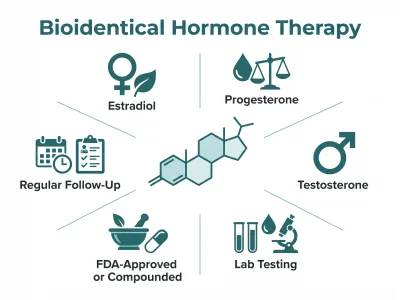 BHRT infographic: estradiol, progesterone, testosterone, lab testing, FDA-approved or compounded, regular follow-up