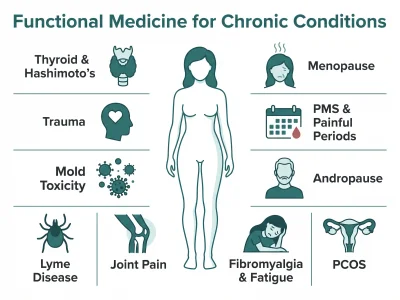 Functional medicine for chronic conditions: thyroid, menopause, PMS, PCOS, fatigue, joint pain, Lyme, mold and trauma