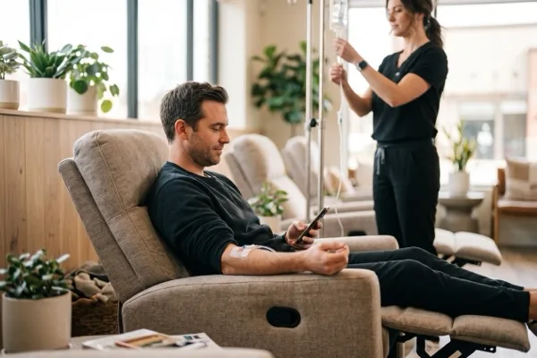 Man relaxing in a recliner during a glutathione IV drip while a nurse checks the IV bag