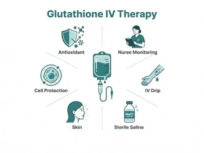 Infographic of glutathione IV therapy: antioxidant, cell protection, skin, nurse monitoring, IV drip and sterile saline