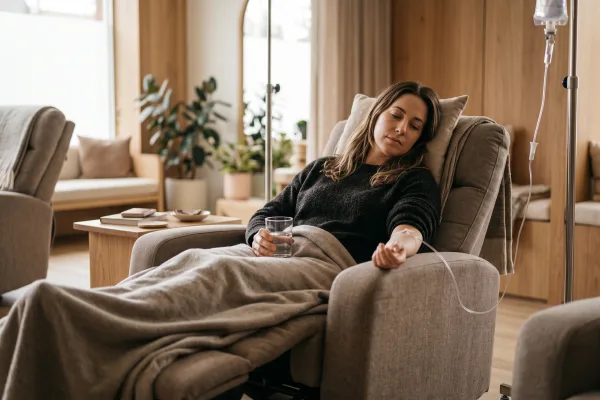 Woman resting in a recliner with a glass of water during a hangover IV drip
