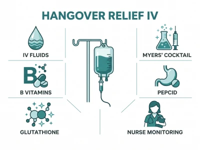 Infographic of the Hangover Relief IV: IV fluids, Myers' Cocktail, B vitamins, Pepcid, glutathione and nurse monitoring