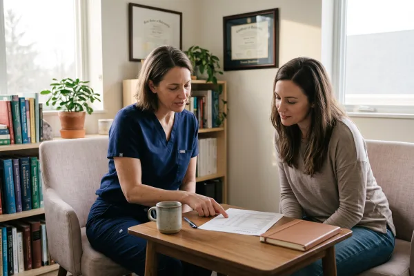 Nurse practitioner reviewing thyroid blood test results with a patient in a calm clinic office