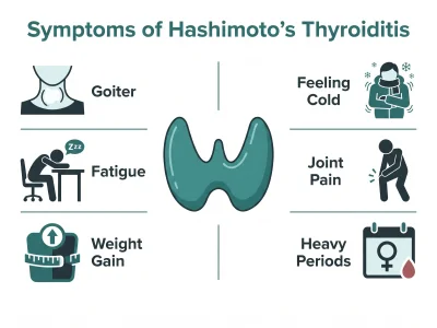 Symptoms of Hashimoto's thyroiditis: goiter, fatigue, weight gain, feeling cold, joint pain, dry skin, heavy periods