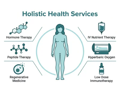 Holistic health services: hormone therapy, IV therapy, hyperbaric oxygen, low dose immunotherapy, peptides, regenerative