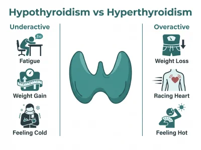 Hypothyroidism vs hyperthyroidism infographic: fatigue, weight gain, cold vs weight loss, racing heart, heat