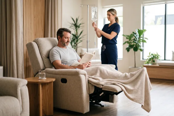 Man reading in a recliner during an immune IV drip while a nurse checks the IV bag