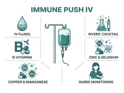 Immune Push IV infographic: IV fluids, Myers' Cocktail, B vitamins, zinc, selenium, copper, manganese, nurse monitoring