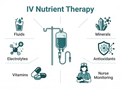 Infographic of IV nutrient therapy: fluids, electrolytes, vitamins, minerals, antioxidants and nurse monitoring
