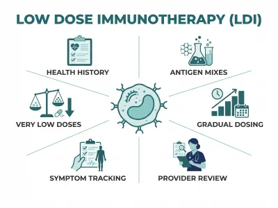 LDI infographic: health history, antigen mixes, very low doses, gradual dosing, symptom tracking, provider review