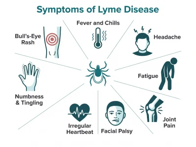 Lyme disease symptoms: bull's-eye rash, fever, headache, fatigue, joint pain, facial palsy, irregular heartbeat, tingling