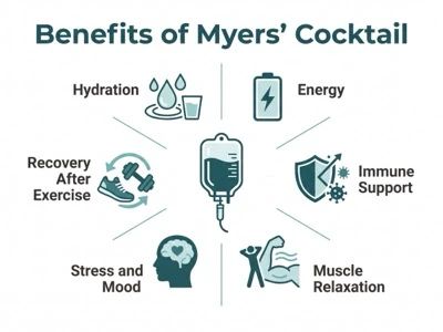 Infographic of Myers' Cocktail benefits: hydration, energy, immune support, muscle relaxation, mood and recovery