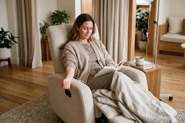 Woman relaxing in a recliner and reading during a Myers' Cocktail IV drip
