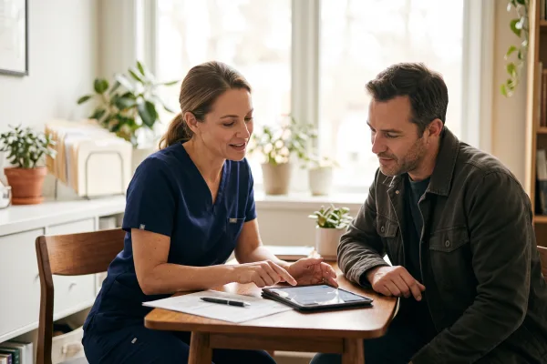 Nurse practitioner explaining a peptide treatment plan to a patient in a calm clinic office