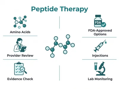 Peptide therapy infographic: amino acids, FDA-approved peptides, injections, evidence check, lab monitoring, provider review