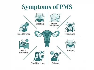 PMS symptoms infographic: bloating, breast tenderness, headache, cramps, mood swings, fatigue, cravings, sleep problems
