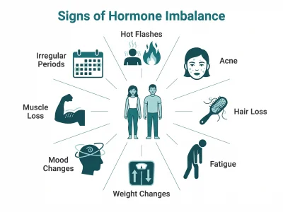 Signs of hormone imbalance: irregular periods, hot flashes, acne, hair loss, fatigue, weight and mood changes, muscle loss