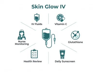 Skin Glow IV infographic: IV fluids, vitamin C, glutathione, daily sunscreen, health review, nurse monitoring