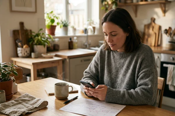 Woman tracking PMS symptoms in a period app beside a paper calendar at her kitchen table